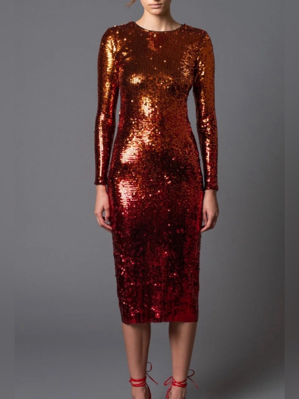 Le Superbe Inferno Kate Long-Sleeve Sequin Ombre Midi Dress in Orange and Red XS